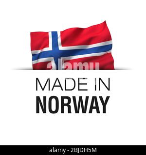 Made in Norway - Garantieetikett mit einer wehenden norwegischen Flagge. Stockfoto