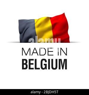 Made in Belgium - Garantieetikett mit einer wehenden belgischen Flagge. Stockfoto