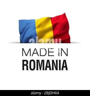 Made in Romania - Garantie-Label mit einer winkenden rumänischen Flagge. Stockfoto