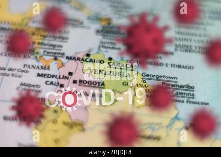 Covid-19 Ausbruch oder neues Coronavirus, 2019-nCoV, Virus auf einer Karte von Venezuela. Covid 19-NCP-Virus: Ansteckung und Ausbreitung von Krankheiten in Caracas . Pa Stockfoto