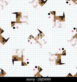 Nette Cartoon braun 8bit Beagle Hund nahtlose Vektor-Muster. Kawaii Pixel Art Beagle Haustier. Häusliche Haustier Welpen Videospiel Illustration ganz über Druck Stock Vektor