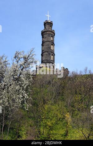 Das Nelson Monument, ein Gedenkturm zu Ehren des Vizeadmiral Horatio Nelson, befindet sich in Calton Hill in Edinburgh, Schottland. Stockfoto