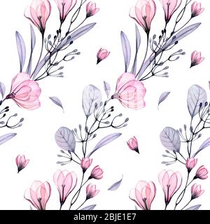 Aquarell floral nahtloses Muster. Kleine rosa Rosen und Krokus Blüten in diagonalen Linien. Abstrakte handgezeichnete Illustration. Hintergrund für die Hochzeit Stockfoto