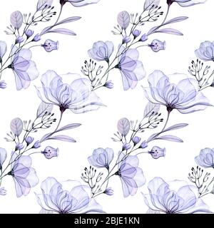 Aquarell floral nahtloses Muster. Transparente blaue Rosen in diagonalen Linien. Handgezeichnete Illustration mit großen violetten Blumen für Hochzeitsdesign Stockfoto