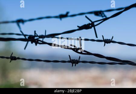 Nahaufnahme eines Stacheldrahtes gegen blauen Himmel Stockfoto