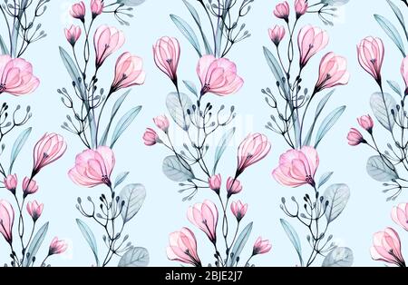 Aquarell floral nahtloses Muster. Kleine rosa Rosen und Krokus Blüten auf türkisfarbenem Hintergrund. Abstrakte handgezeichnete Illustration für Hochzeitsdesign Stockfoto