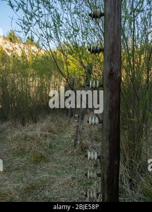 Die elektrischen Zaunpfähle im Steinbruch Liban. An diesem Ort wurde Schindlers List-Film gedreht. Krakau, Polen. Stockfoto