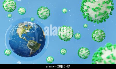 Realistische Erde in einer Schutzhülle neben den Coronavirus-Molekülen auf blauem Hintergrund. 3D-Konzept zum Virenschutz und neuen Coronavirus. 3d i Stockfoto