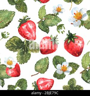 Beeren nahtlose Muster in Aquarell. Farbenfroher Hintergrund mit roten Erdbeeren, Blättern und Blumen. Natürliche Illustration. Frühlingsblüte Stock Vektor