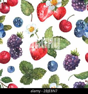 Beeren nahtlose Muster in Aquarell. Farbenprächtiger Hintergrund mit Erdbeeren, Brombeeren, Kirschen und Blaubeeren. Natürliche Illustration. Feder Stock Vektor