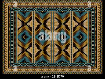 Vintage Luxus orientalischen Teppich in Mustern Zick-Zack-Streifen von Gelb, blaue Farbtöne mit braunen und beigen Farben auf schwarzem Hintergrund Stockfoto