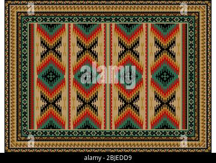 Vintage Luxus orientalischen Teppich in Mustern Zick-Zack-Streifen in Rot, Braun, Gelb gehalten und mit grünen und schwarzen Farben auf weißem Hintergrund Stockfoto