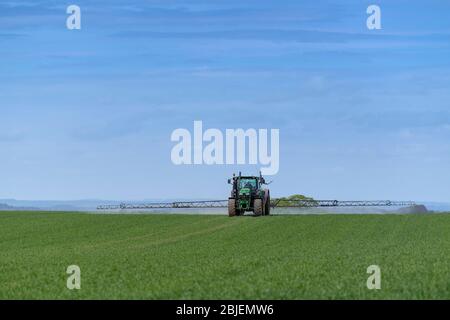 Das Sprühen von Winterweizenernte im Frühjahr mit einem Berthoud-gezogenen Feldspritzer, gezogen von einem John Deere 6140R. Ripon, North Yorkshire, Großbritannien. Stockfoto