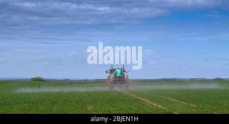 Das Sprühen von Winterweizenernte im Frühjahr mit einem Berthoud-gezogenen Feldspritzer, gezogen von einem John Deere 6140R. Ripon, North Yorkshire, Großbritannien. Stockfoto