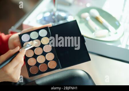 Nahaufnahme auf weiblich zu Hause in sonnigen Tag mit Concealer Palette. Stockfoto