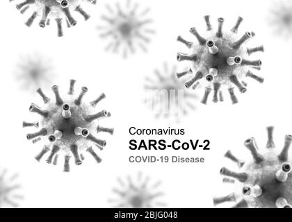 COVID-19 Coronavirus Konzept, Poster mit grauen Corona Virus Icons und Aufschrift SARS-Cov-2 isoliert auf weißem Hintergrund. Banner mit Roman coronavir Stockfoto