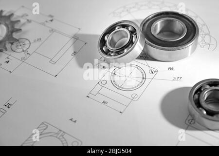 Technische Ausrüstung und Entwürfe am Arbeitsplatz Stockfoto