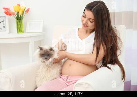 Junge schwangere Frau sitzt mit niedlichen Katze im Sessel Stockfoto