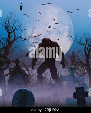 Werwolf in Friedhofsszene, 3d-Rendering Stockfoto
