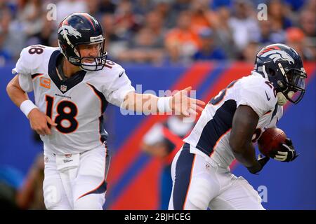 15. September 2013: Denver Broncos Quarterback Peyton Manning (18) übergibt sich an Denver Broncos, der während eines NFL-Spiels der Woche 2 Montee Ball (28) zurückläuft Stockfoto