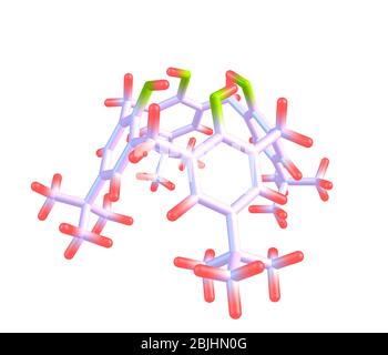 Calixarene ist ein makrozyklisches oder zyklisches Oligomer, das auf einem Hydroxyalkylierungsprodukt eines Phenols und eines Aldehyds basiert. Das Wort Calixarene leitet sich von ca. Stockfoto