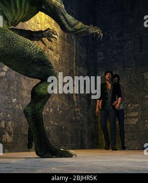 Paar konfrontieren ein Monster, 3d-Rendering Stockfoto