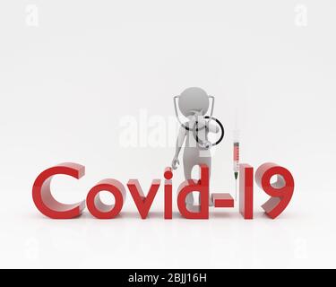 3d Person mit Stethoskop und Spritze, Covid-19 Text, 3d-Rendering Stockfoto