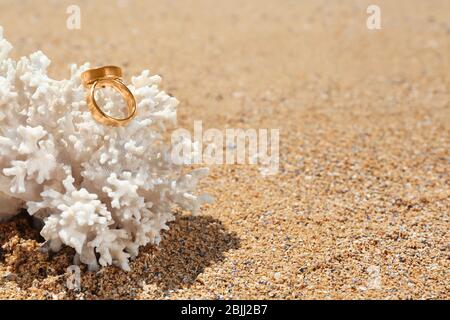 Goldene Ringe an Korallen am Meer. Hochzeit am Strand Konzept Stockfoto