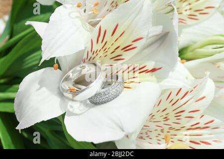 Silberne Ringe auf schönen Blumen, Nahaufnahme. Hochzeitskonzept am Strand Stockfoto