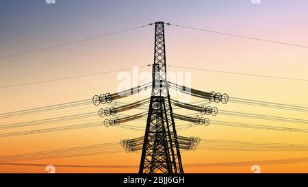 Hochspannungs-elektrische Turm auf Sonnenuntergang Zeit. Sonnenuntergang Himmel Hintergrund. Power Tower Stockfoto