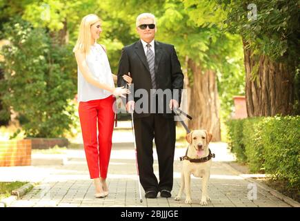 Junge Frau und Blinde mit Blindenhund in der Stadt Stockfoto