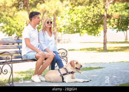 Junger Mann und blinde Frau mit Blindenhund auf Bank im Park sitzen Stockfoto