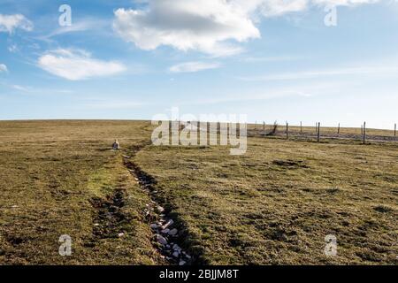 Ein Bergfeld mit einem sehr langen Riss in Richtung Horizont, unter einem tiefblauen Himmel mit weißen Wolken Stockfoto