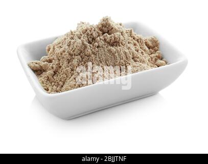 Protein Pulver auf weißem Hintergrund Stockfoto