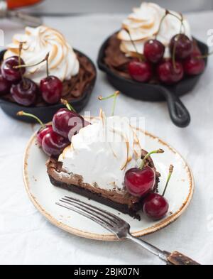 Mini-Torten in Eisenkernen mit Oreo-Keksteig, Schokoladenfüllung, Schlagsahne und frischen Beeren. Stockfoto