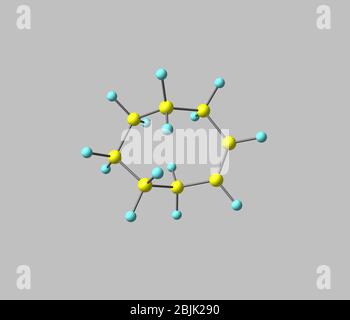 Cycloocten ist ein Cycloalken mit einem achtgliedrigen Ring. Es ist bemerkenswert, weil es das kleinste Cycloalken ist, das entweder als cis- oder TR existieren kann Stockfoto