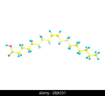 Ölsäure ist eine Fettsäure, die in verschiedenen tierischen und pflanzlichen Fetten und Ölen auf natürliche Weise vorkommt. Es ist ein geruchloses, farbloses Öl, obwohl kommerziell Stockfoto