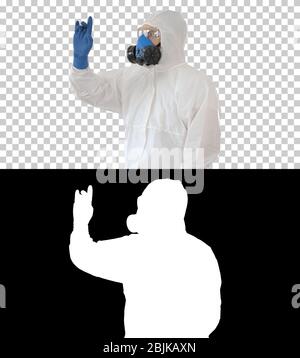 Arzt in Respirador, Schutzbrillen und Handschuhe berühren virtuellen Bildschirm, Alpha Channel Stockfoto