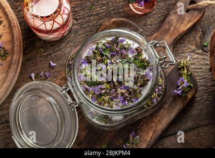 Zubereitung von hausgemachten Kräutersirup gegen Husten aus frischen Boden-Efeu-Pflanze und Zucker Stockfoto