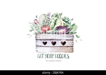 Gemüse gesunde Bio Aquarell Holzkiste und Weidenkorb mit Paprika, Lauch, Zwiebeln und Avocado Vitamin Rosmarin Illustration. Isoliert l Stockfoto