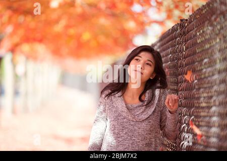 Biracial Teenager oder junge Frau lehnt sich gegen Kettenglied Zaun unter einem Baldachin aus leuchtend roten, orange und gelben Ahornblättern und einem Teppich von Herbstlaub Stockfoto