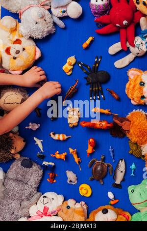 Kinder-Plüschtiere für die Entwicklung von Spielen auf blauem Hintergrund Stockfoto