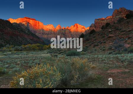 Sonnenaufgang über den Türmen der Jungfrau, Zion Nationalpark, Utah, USA Stockfoto