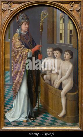 St. Nikolaus belebt drei Jungen, die während einer Hungersnot ermordet und als Fleisch gesalzen wurden, drei Legenden des Heiligen Nikolaus, Gerard David, um 1500-1 Stockfoto