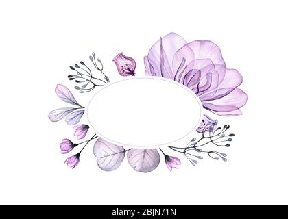 Wasserfarbenes Blumenbanner. Große lila Rose und Blätter im Kreis. Ovaler Rahmen mit Platz für Text. Abstrakter Hintergrund für Logo. Isoliert, handgezeichnet Stockfoto