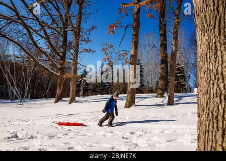 Junge zieht einen Schlitten durch den Schnee, USA Stockfoto