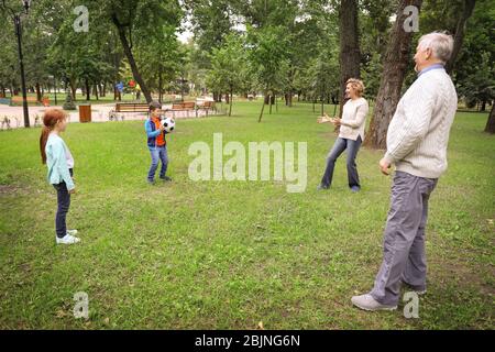 Ältere Mann und Frau spielen mit Enkelkindern im Park Stockfoto