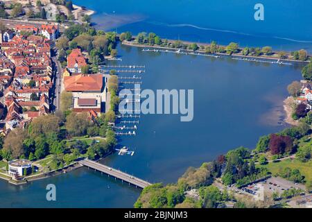 bodensee mit leeren Häfen, Corona Lockdown, 23.04.2020, Luftaufnahme, Deutschland, Bayern, Schwaben, Lindau Stockfoto