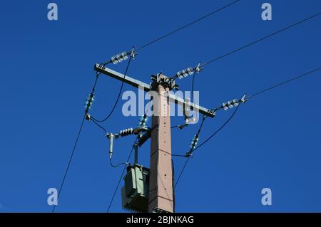 Ein Stromwandler auf einem Strommast Stockfoto