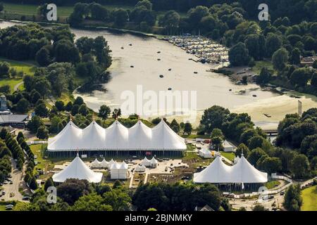 Zeltbau und Montage am ZELTFESTIVAL RUHR 2016 am Kemnade See in Bochum, 07.08.2016, Luftaufnahme, Deutschland, Nordrhein-Westfalen, Ruhrgebiet, Bochum Stockfoto